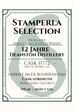Stamperla - 12 Jahre Deanston Ex-Bourbon Fass Cask #1772 Cask-Strength Highland Single Malt Whisky 9 Stamperla - 12 Jahre Deanston Ex-Bourbon Fass Cask #1772 Cask-Strength Highland Single Malt Whisky -Der Schnapsstodl Verkäufe Stamperla602C02Deanston1772WhiskyE