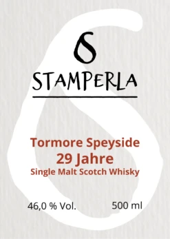 Stamperla - 29 Jahre Tormore Speyside Single Malt Scotch Whisky -Der Schnapsstodl Verkäufe etikett stamperla 29 jahre tormore halb